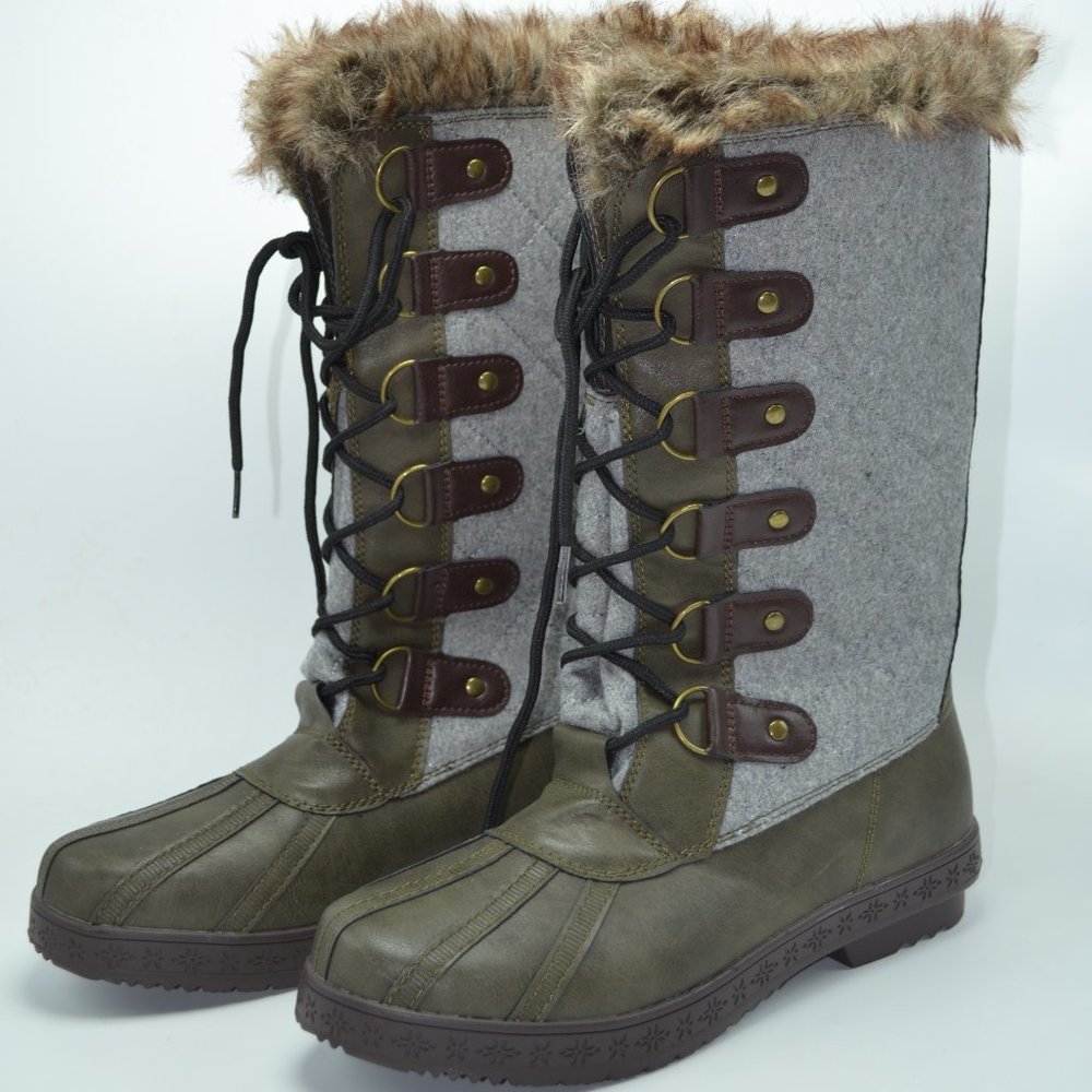 NWOT JUSTFAB GREEN & GRAY WINTER BOOTS SIZE 7.5